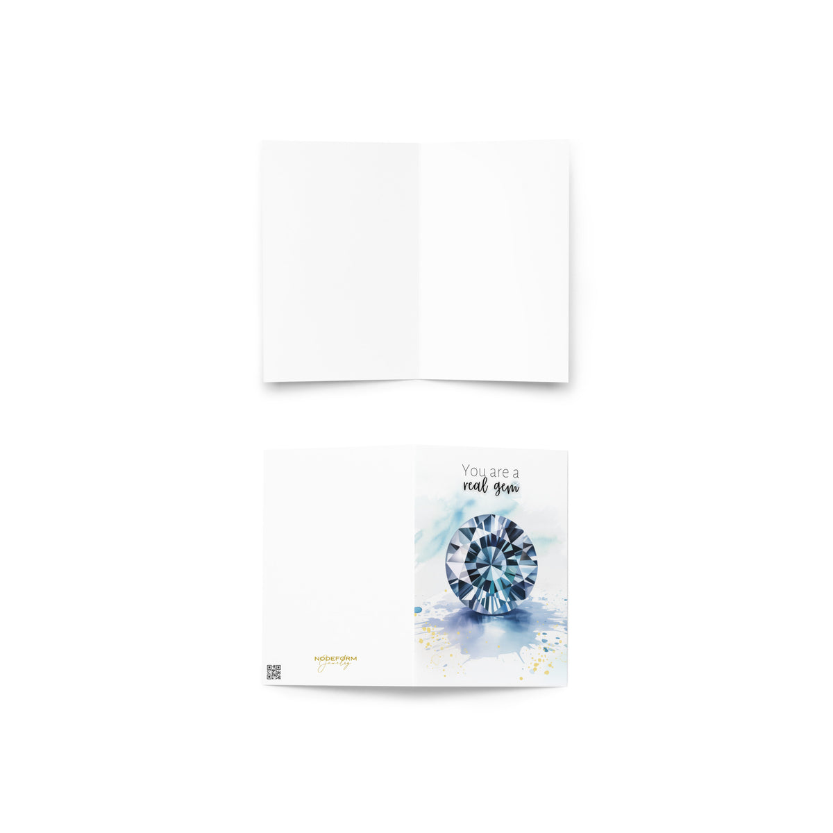 Greeting card with a blue spinel watercolor illustration and text on a white background