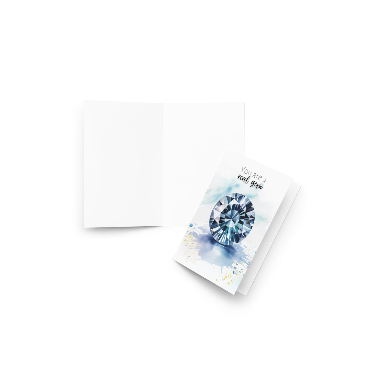 Greeting card with watercolor blue spinel gemstone design and text on a white background