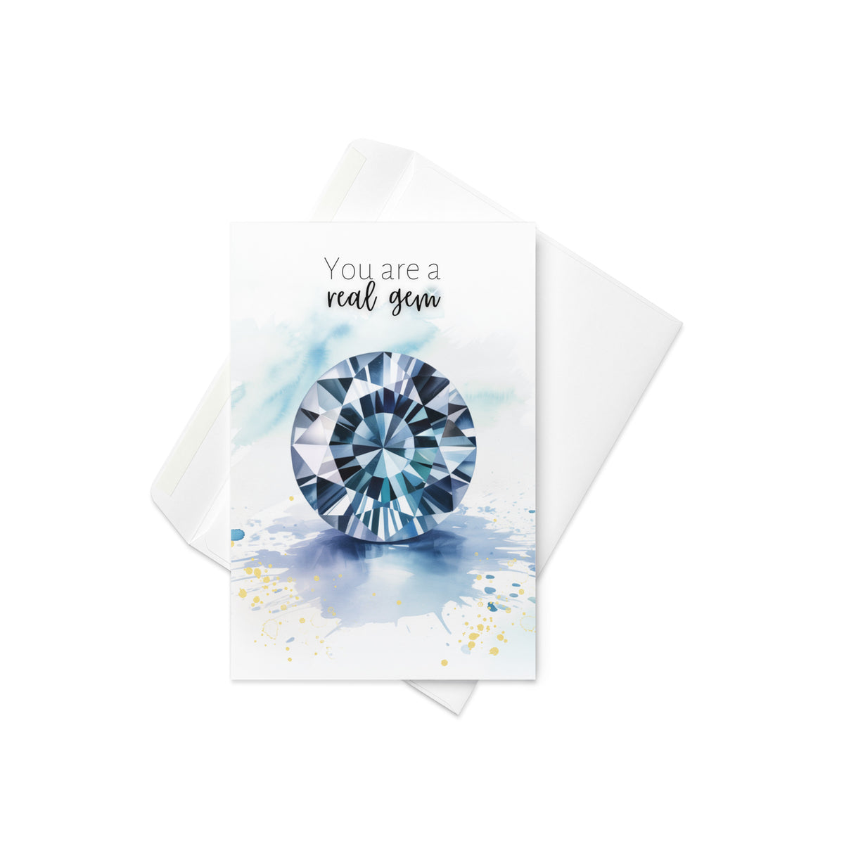 envelope and Greeting card with a blue spinel gemstone illustration and text 'You are a real gem' on a white background