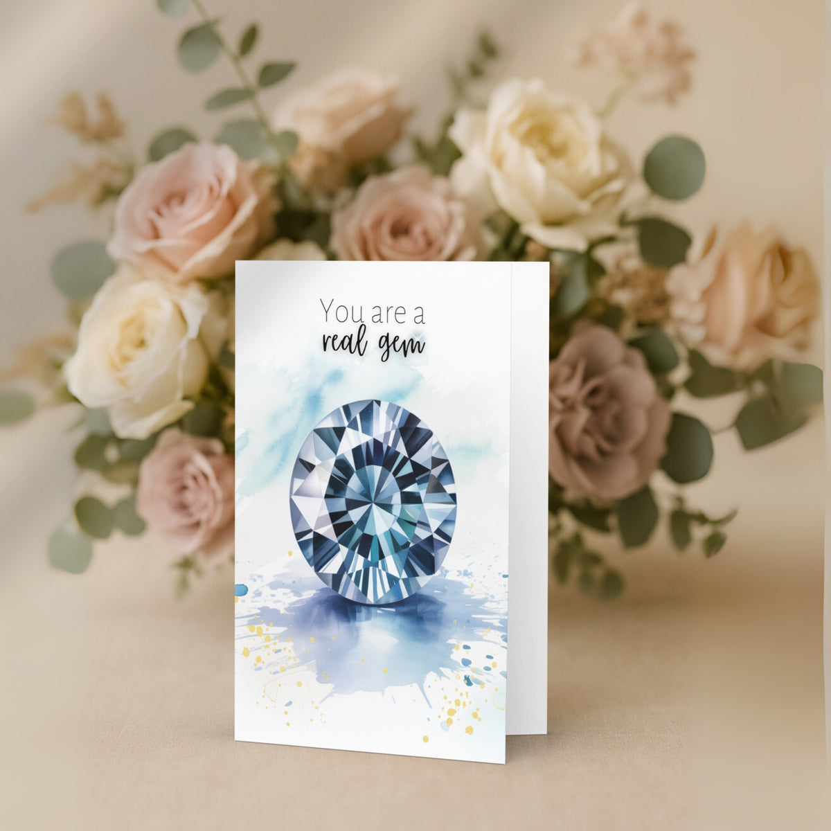 Greeting card with blue spinel gemstone watercolor illustration and floral background