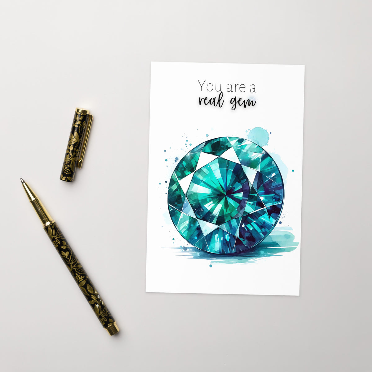 You are a real gem | Watercolor Round Teal Sapphire Greeting Card with pen
