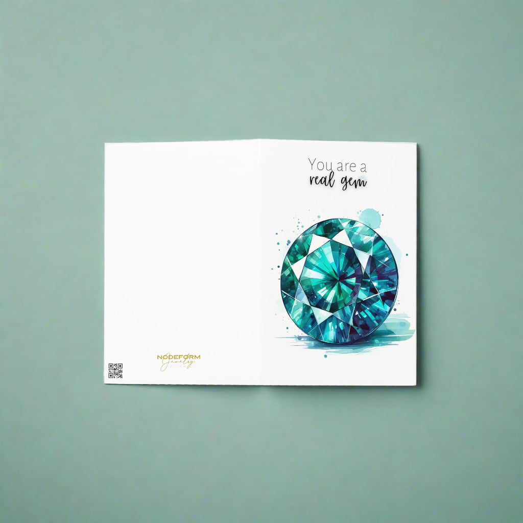 front and back of You are a real gem | Watercolor Round Teal Sapphire Greeting Card