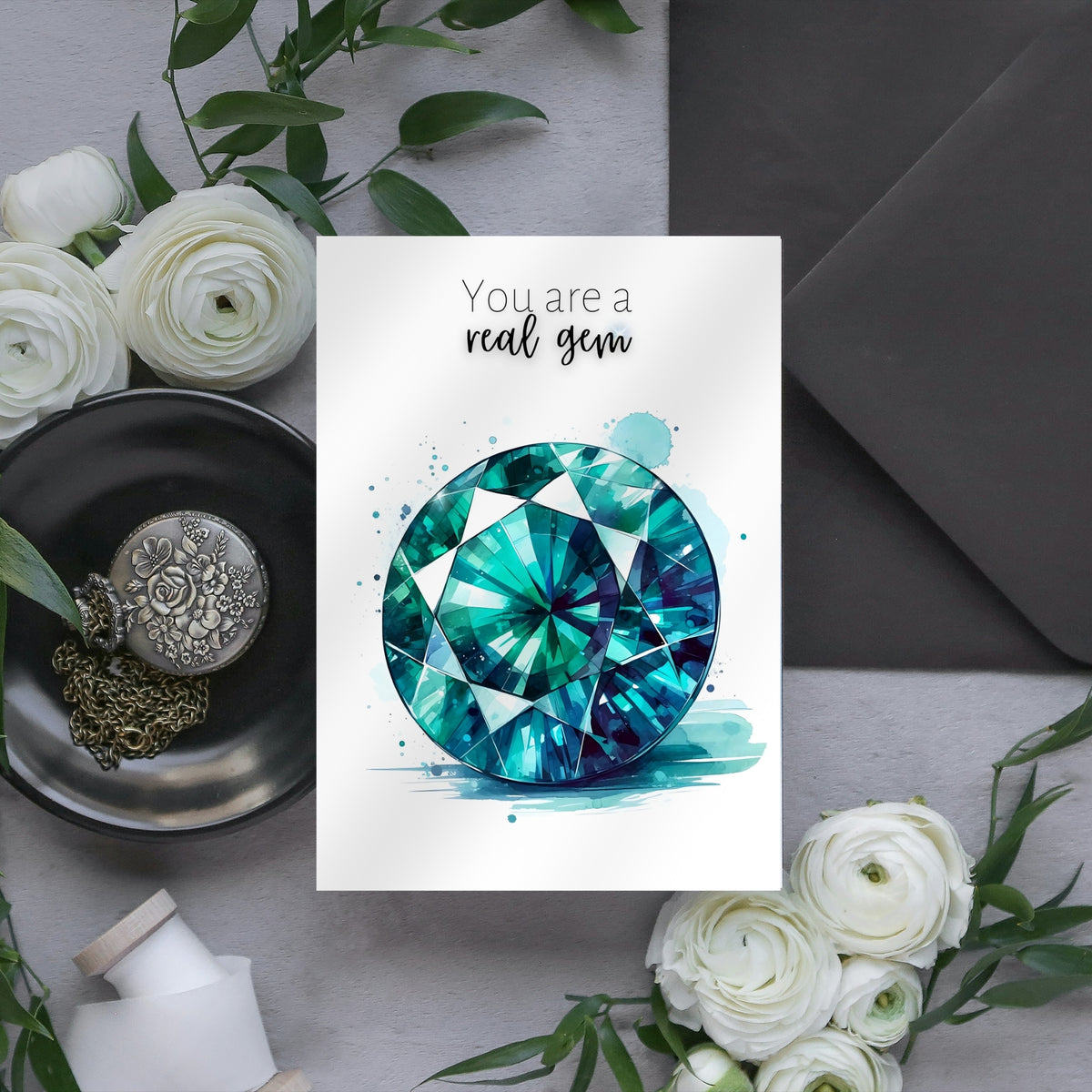 styled picture of Watercolor Round Teal Sapphire Greeting Card