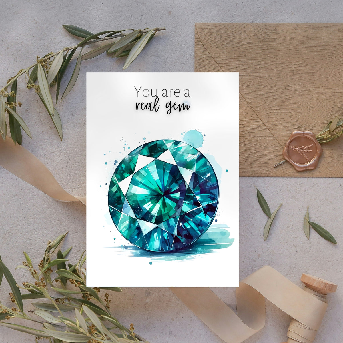 Watercolor Round Teal Sapphire Greeting Card lifestyle photo