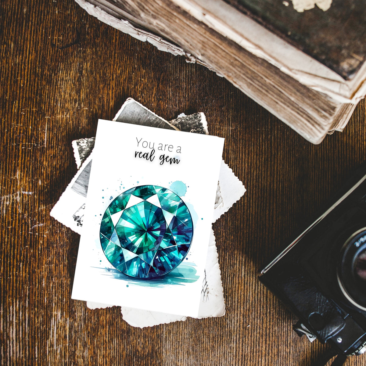 styled photo You are a real gem | Watercolor Round Teal Sapphire Greeting Card