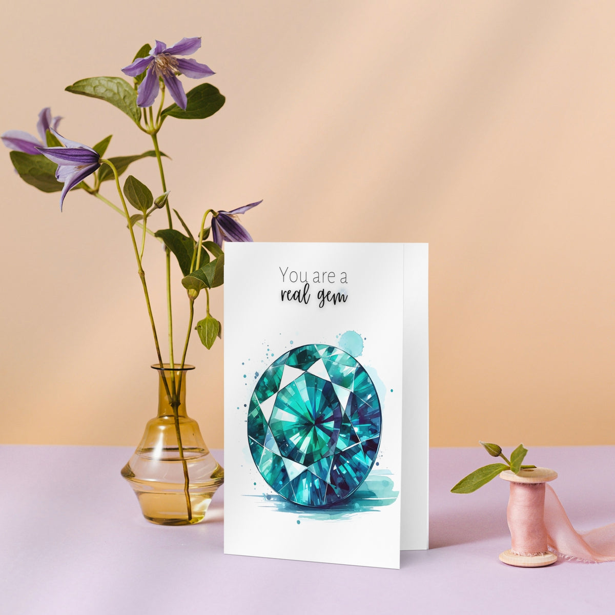You are a real gem | Watercolor Round Teal Sapphire Greeting Card on table