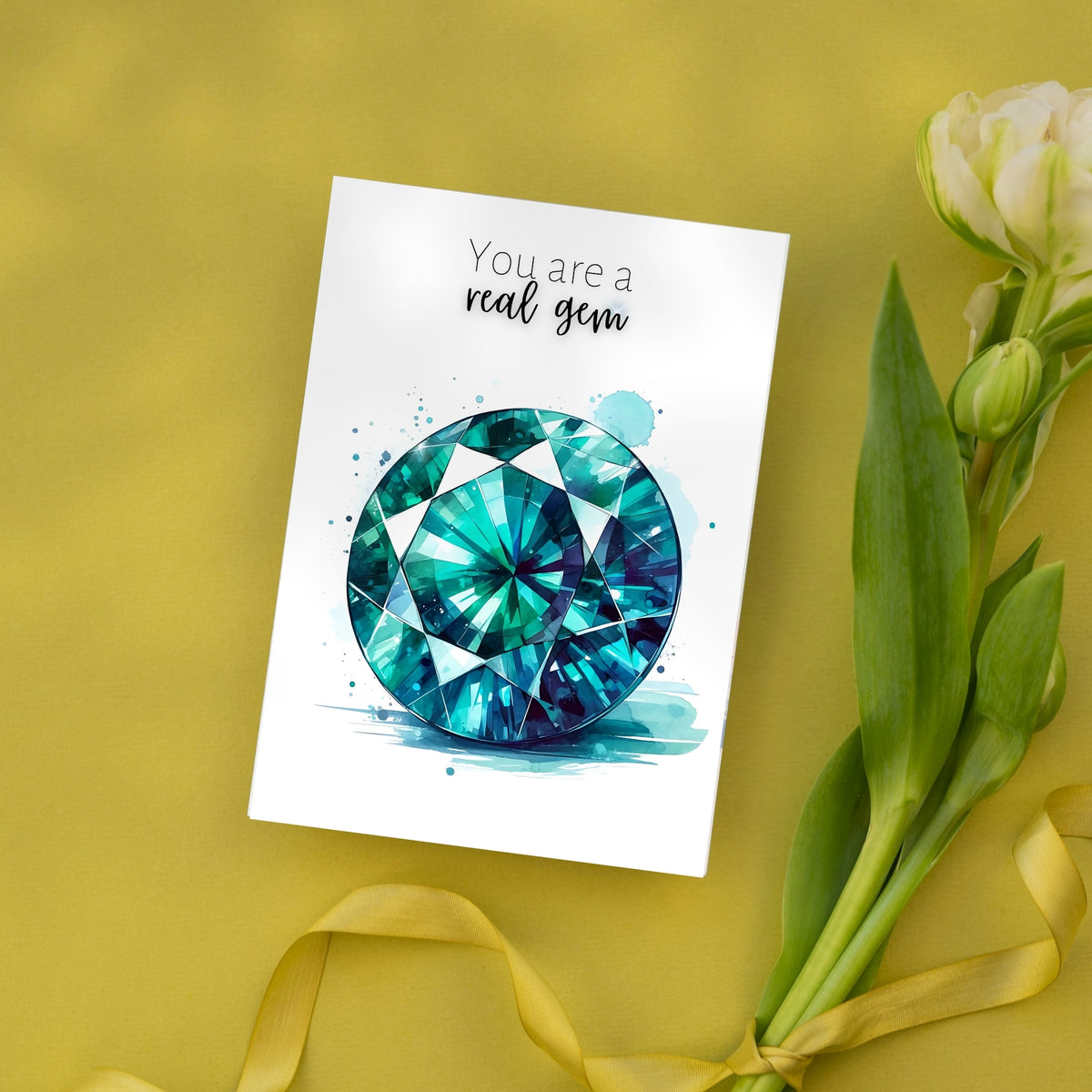 You are a real gem | Watercolor Round Teal Sapphire Greeting Card on green background