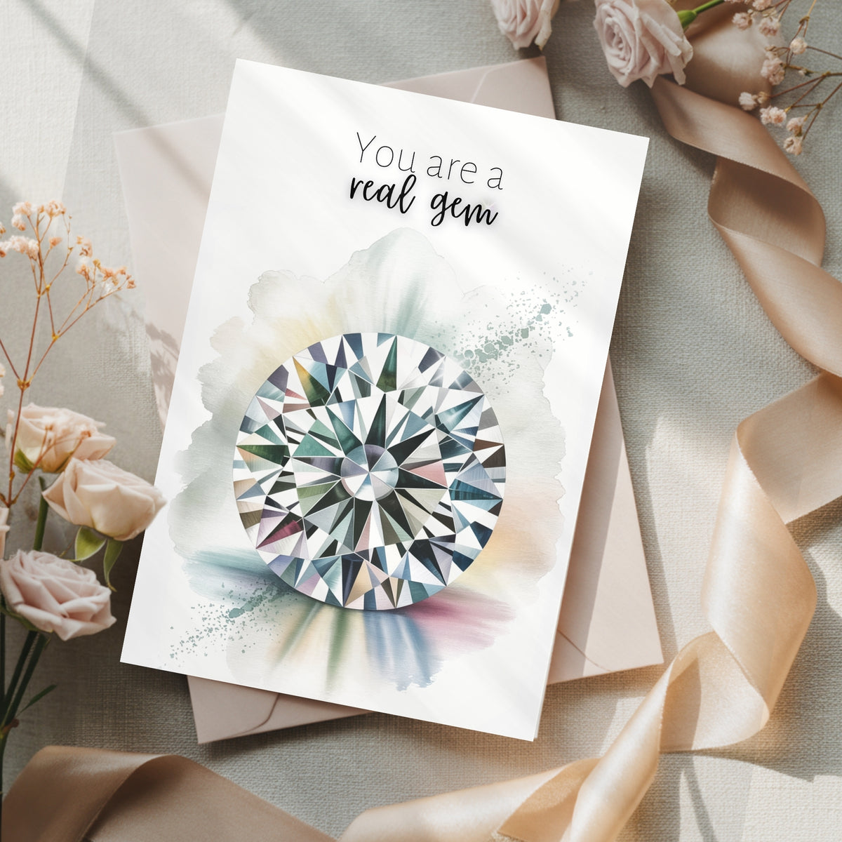 Greeting card with a diamond illustration and 'You are a real gem' text, surrounded by flowers and ribbons.