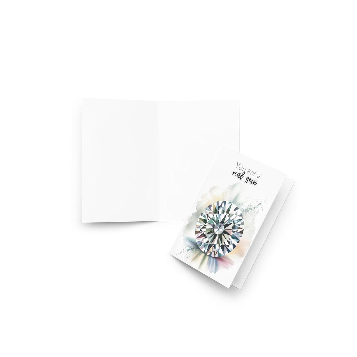 Greeting card with colorful gemstone design on a white background