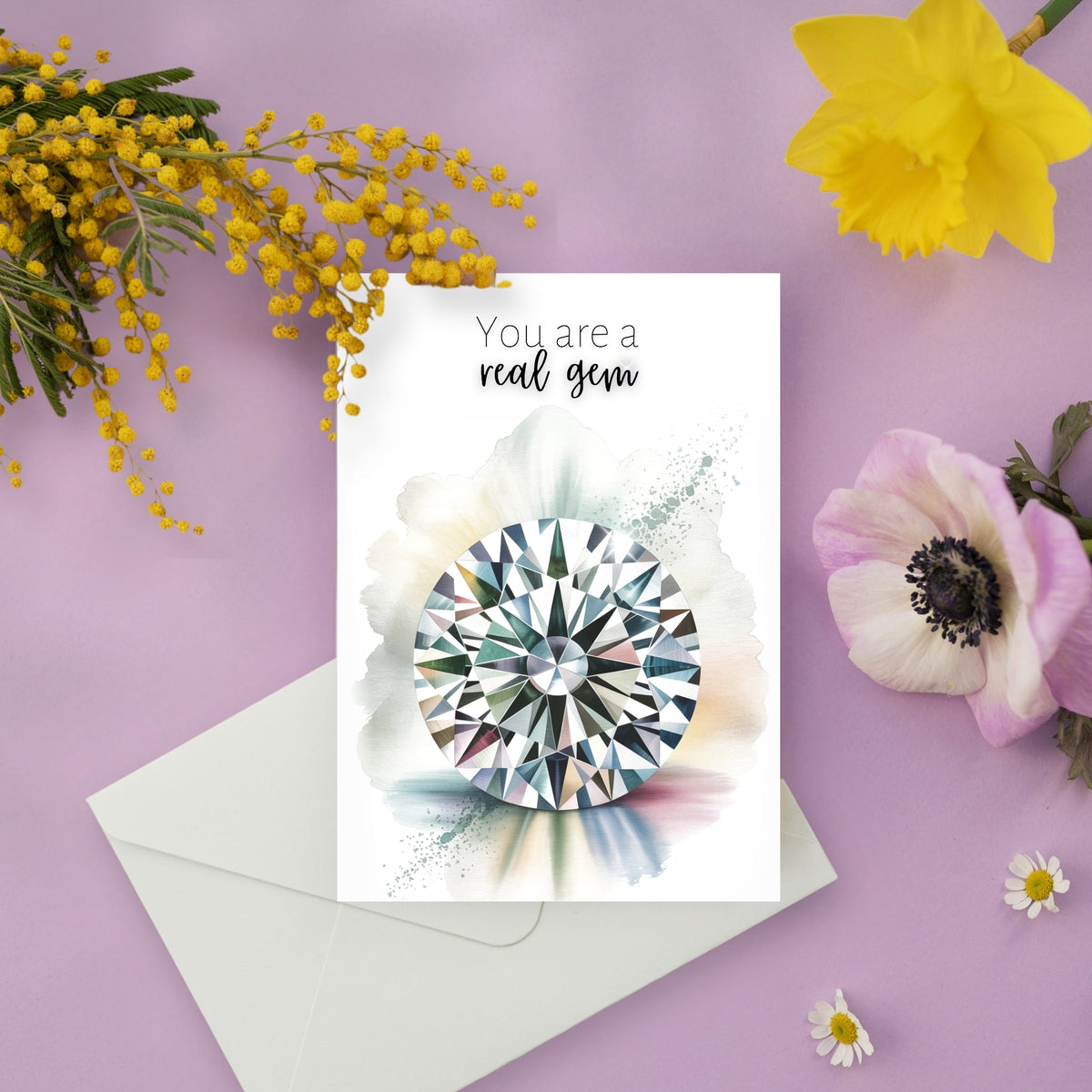 Greeting card with diamond illustration and flowers on a purple background