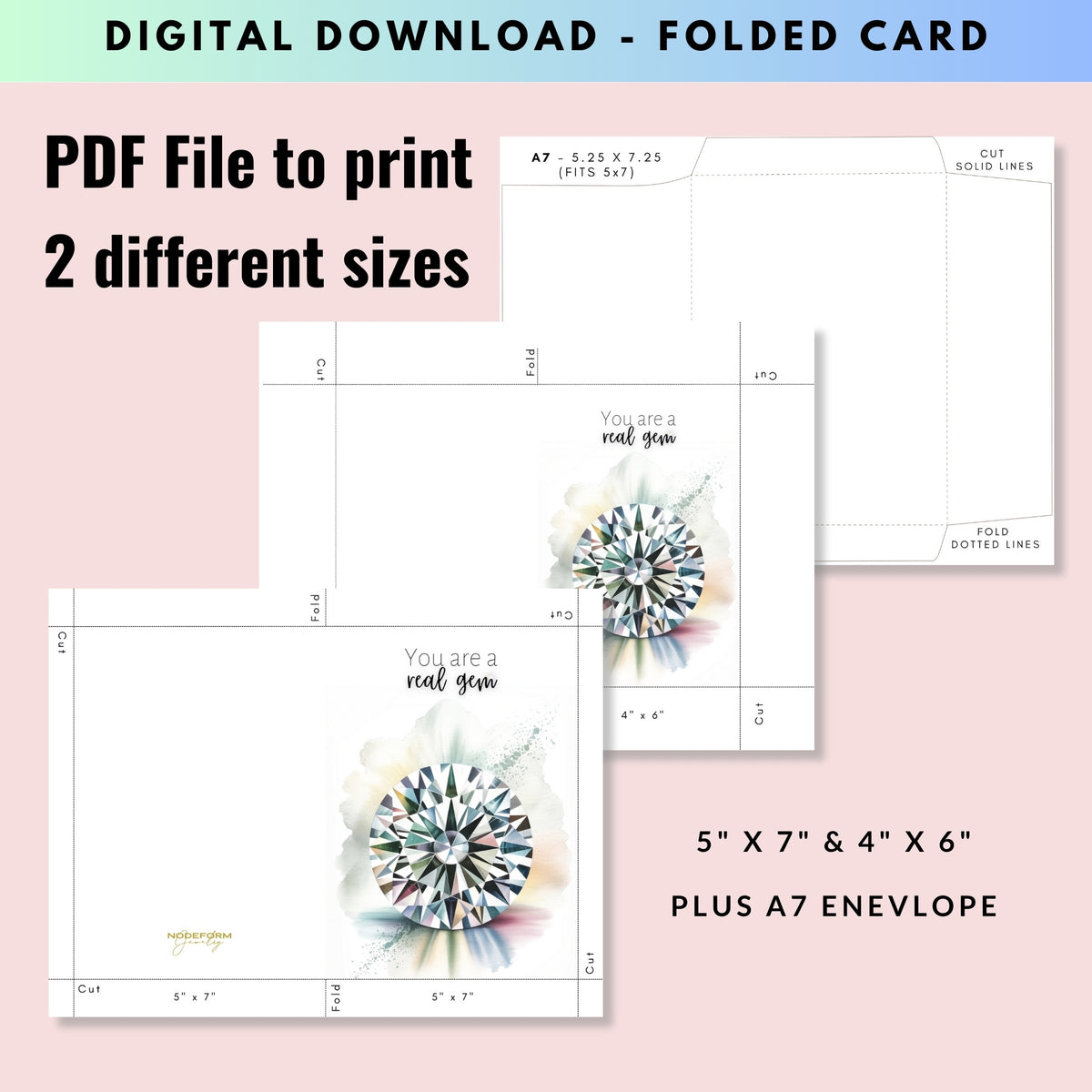 Digital download of a folded card with diamond design and text, including PDF file instructions for printing.
