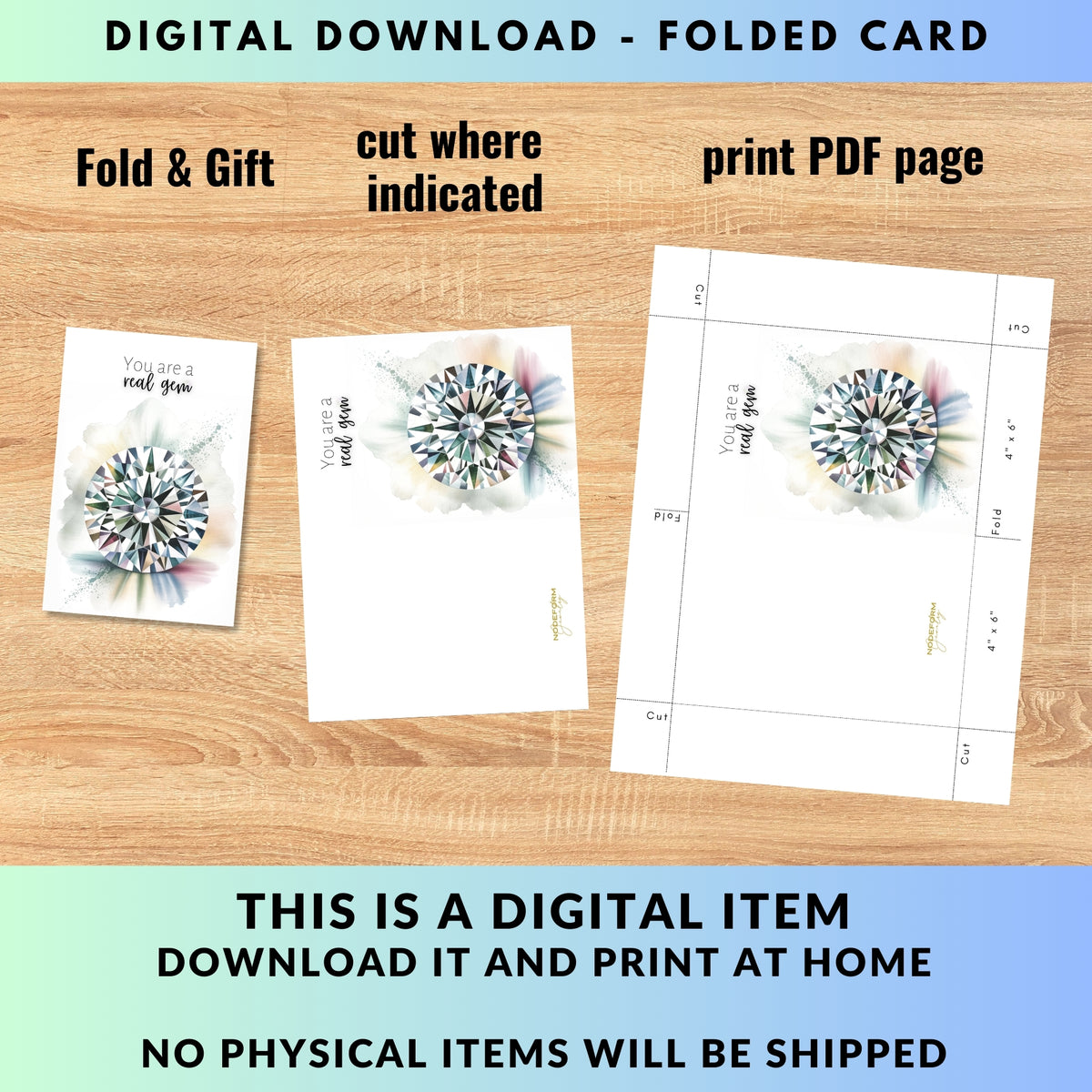 Instructional information about Digital download folded card with diamond design on a wooden surface