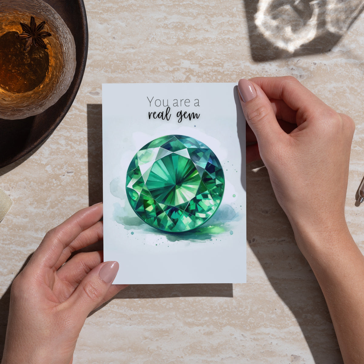 You are a real Gem | Watercolor Round Emerald Greeting Card