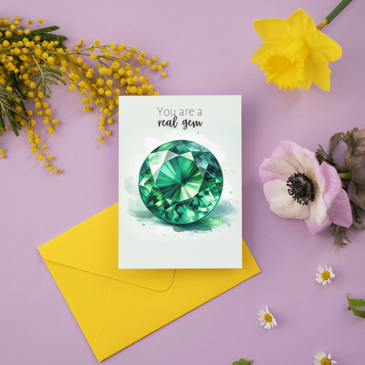 "You are a real Gem" Watercolor Round Emerald Greeting Card by Nodeform