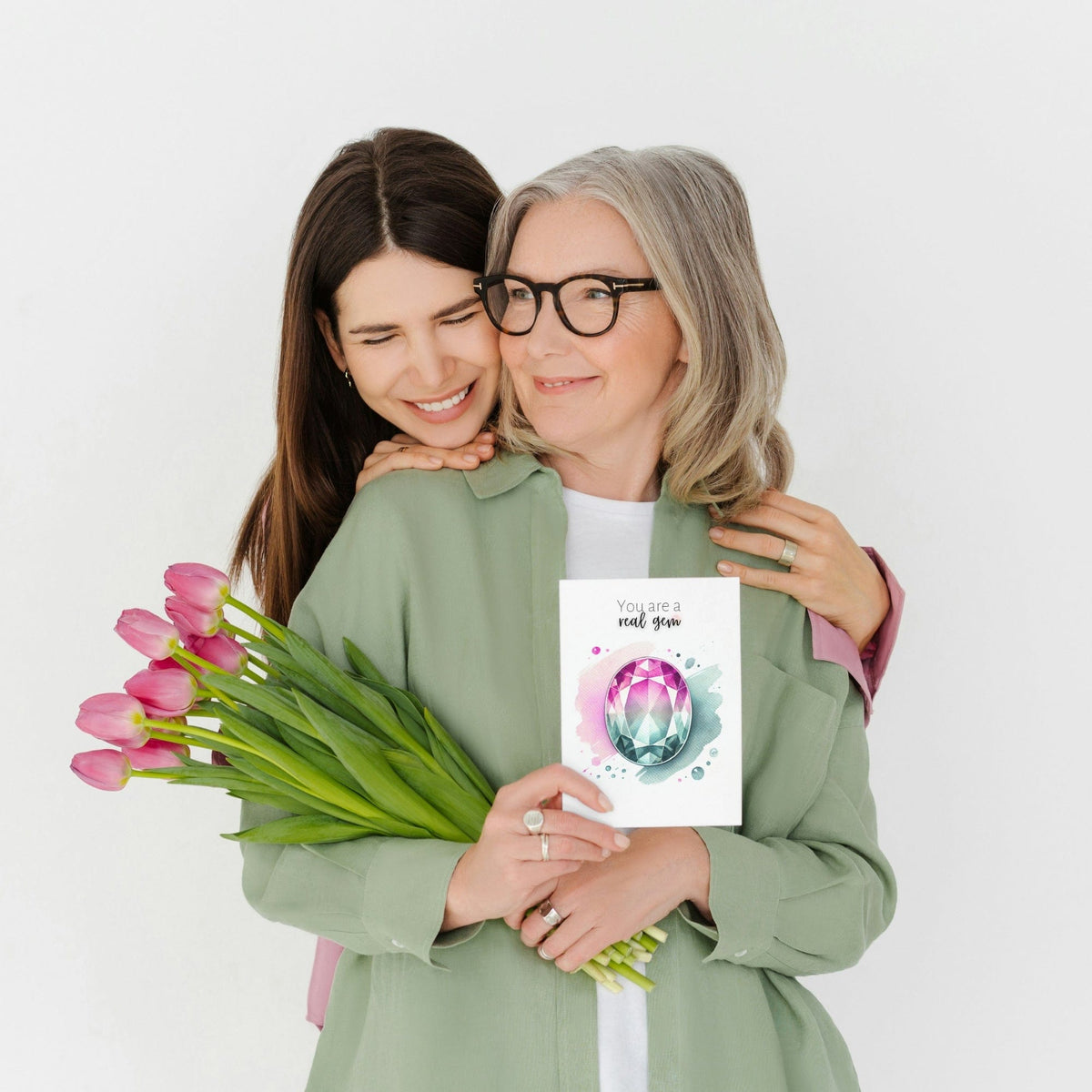 woman hugging and gifting "You are a real Gem" Watercolor Oval Bi-color Tourmaline Folded Card Cards by Nodeform