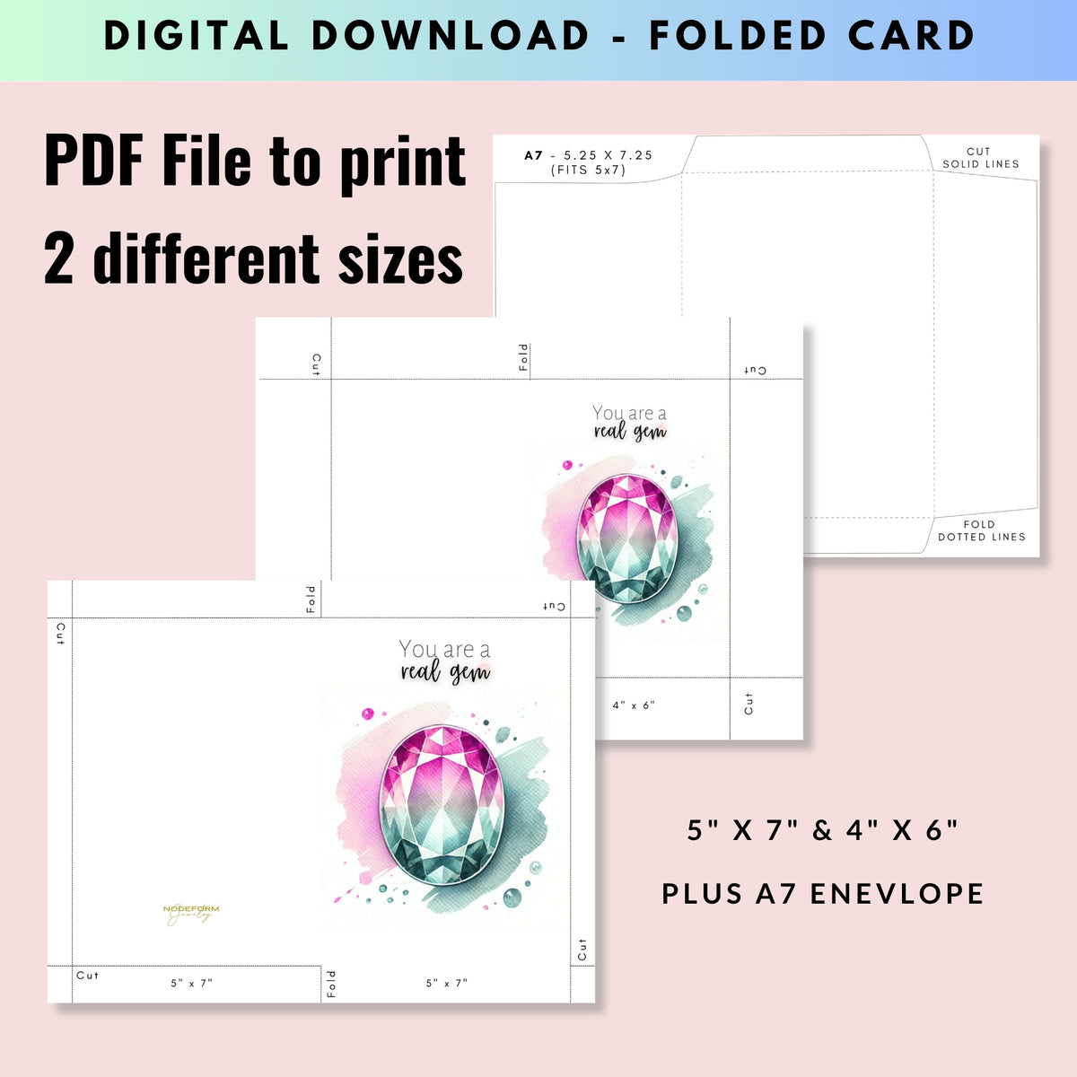 digital "You are a real Gem" Watercolor Oval Bi-color Tourmaline Folded Card Cards by Nodeform