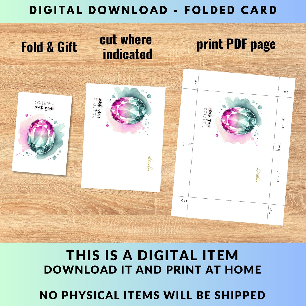 digital "You are a real Gem" Watercolor Oval Bi-color Tourmaline Folded Card Cards by Nodeform