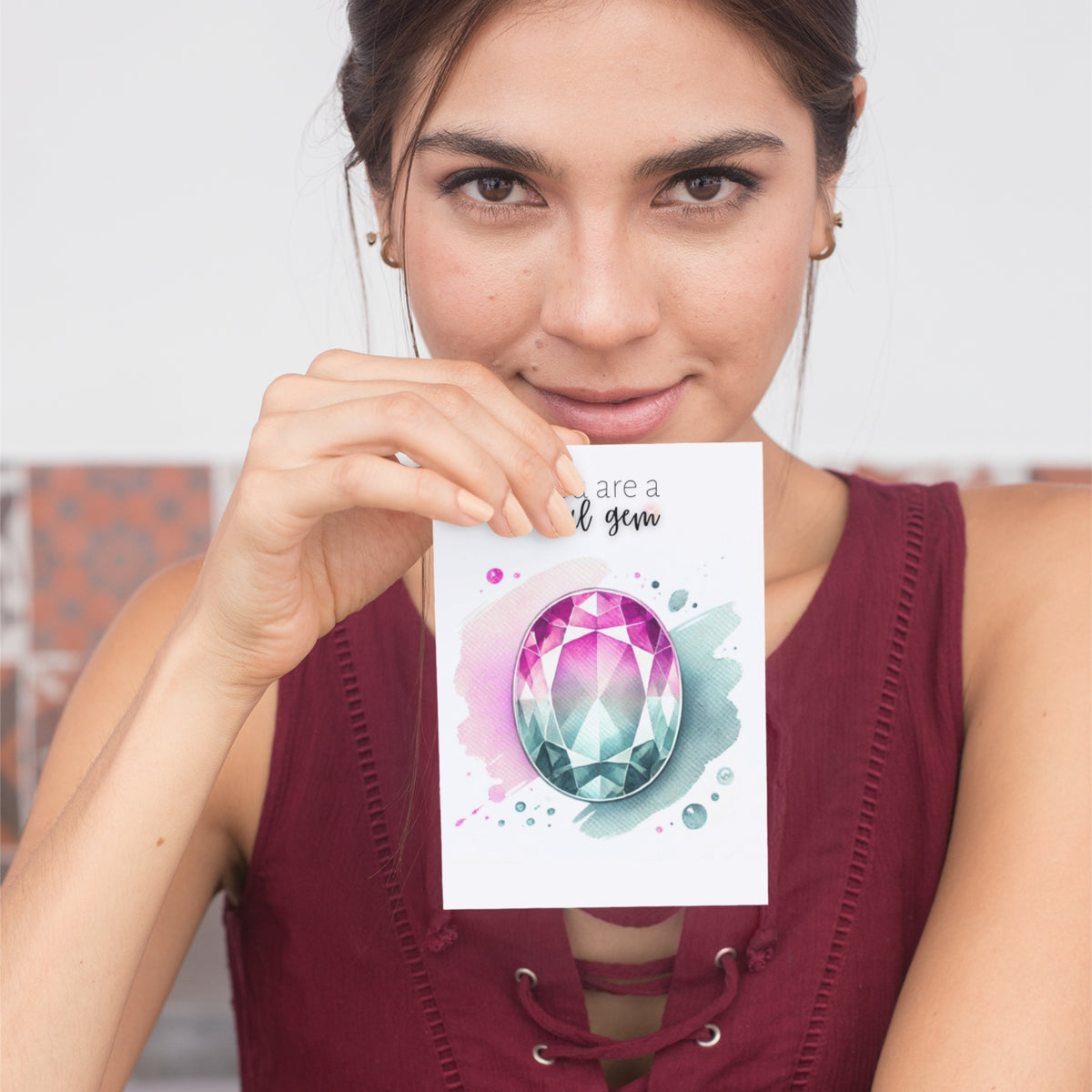 woman holding a "You are a real Gem" Watercolor Oval Bi-color Tourmaline Folded Card Cards by Nodeform