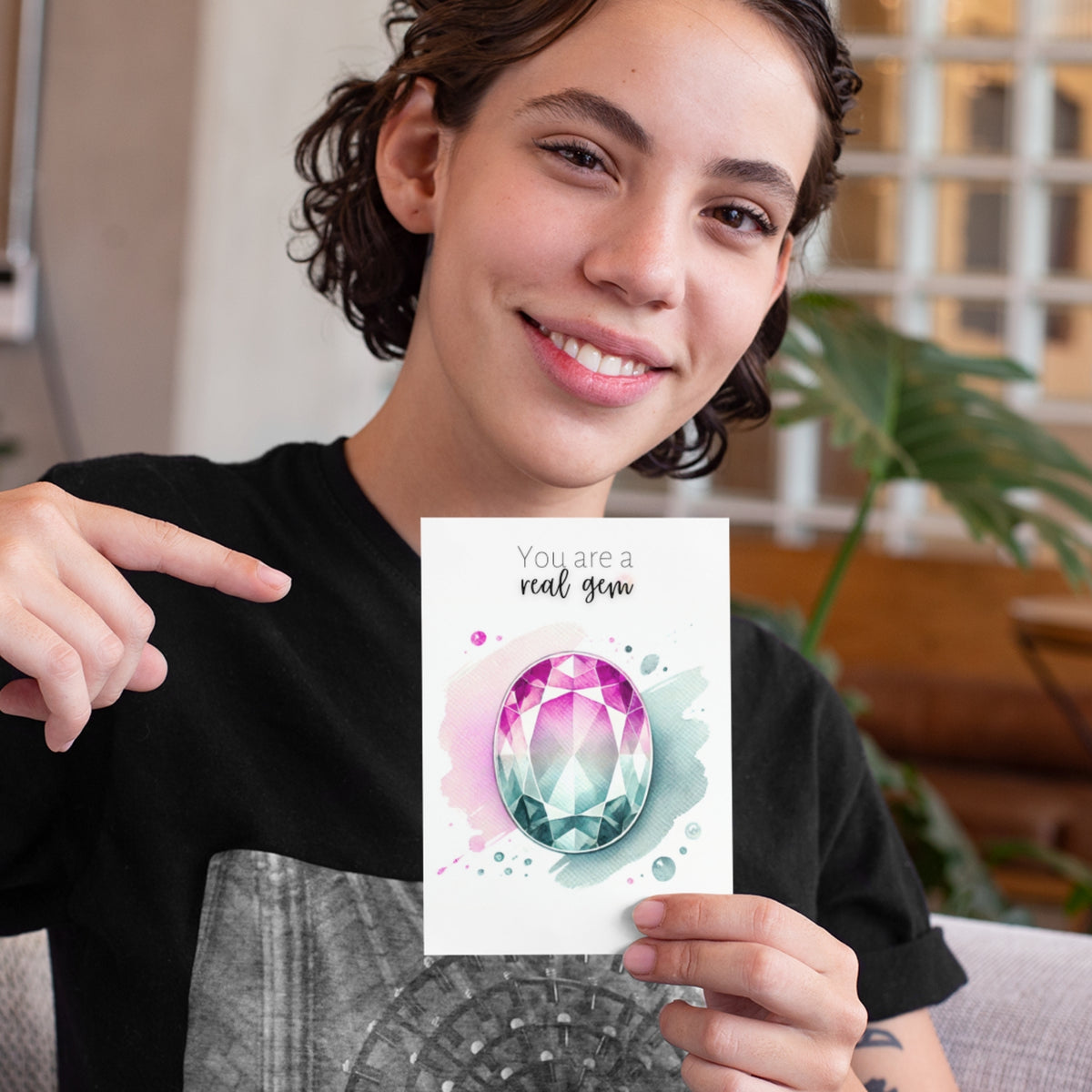 woman pointing to "You are a real Gem" Watercolor Oval Bi-color Tourmaline Folded Card Cards by Nodeform