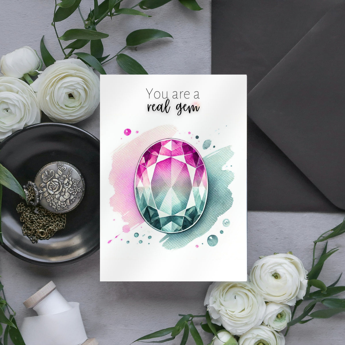 "You are a real Gem" Watercolor Oval Bi-color Tourmaline Folded Card Cards by Nodeform
