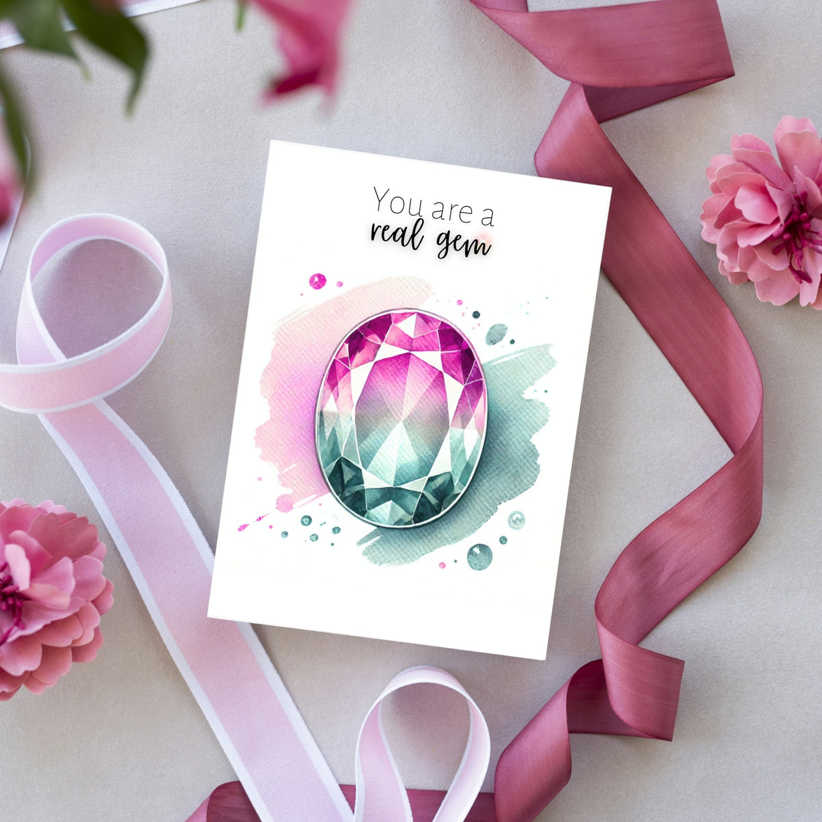"You are a real Gem" Watercolor Oval Bi-color Tourmaline Folded Card Cards by Nodeform