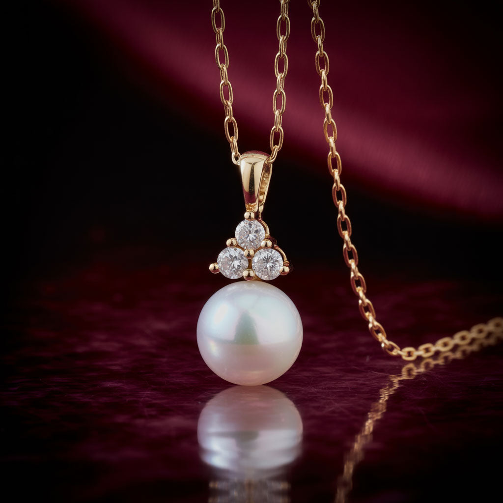 White Akoya Pearl Diamond Accented 14k Yellow Gold Dangle Pendant Necklace