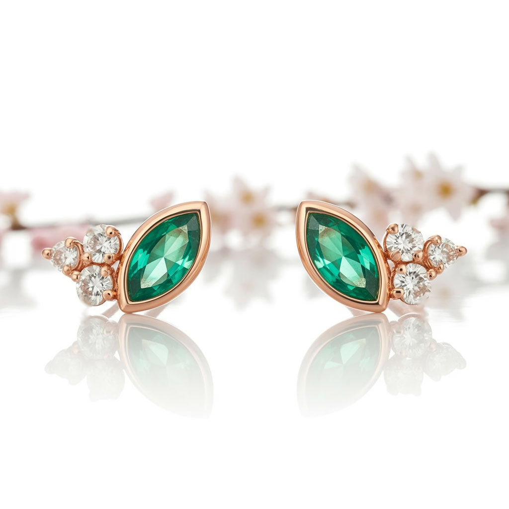 Marquise Emerald & Diamond Cluster Gold Leaf Stud Earrings
