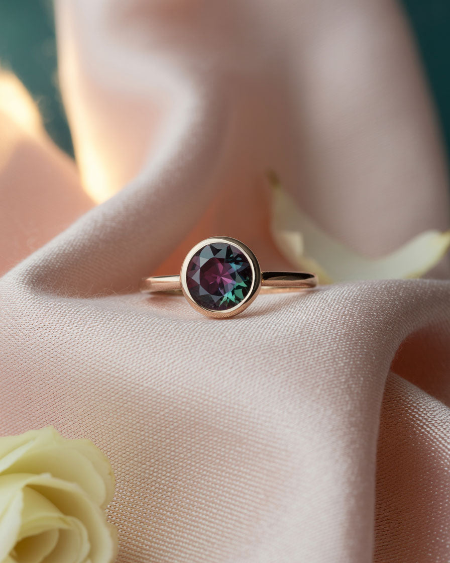 gold bezel solitaire engagement ring with round alexandrite