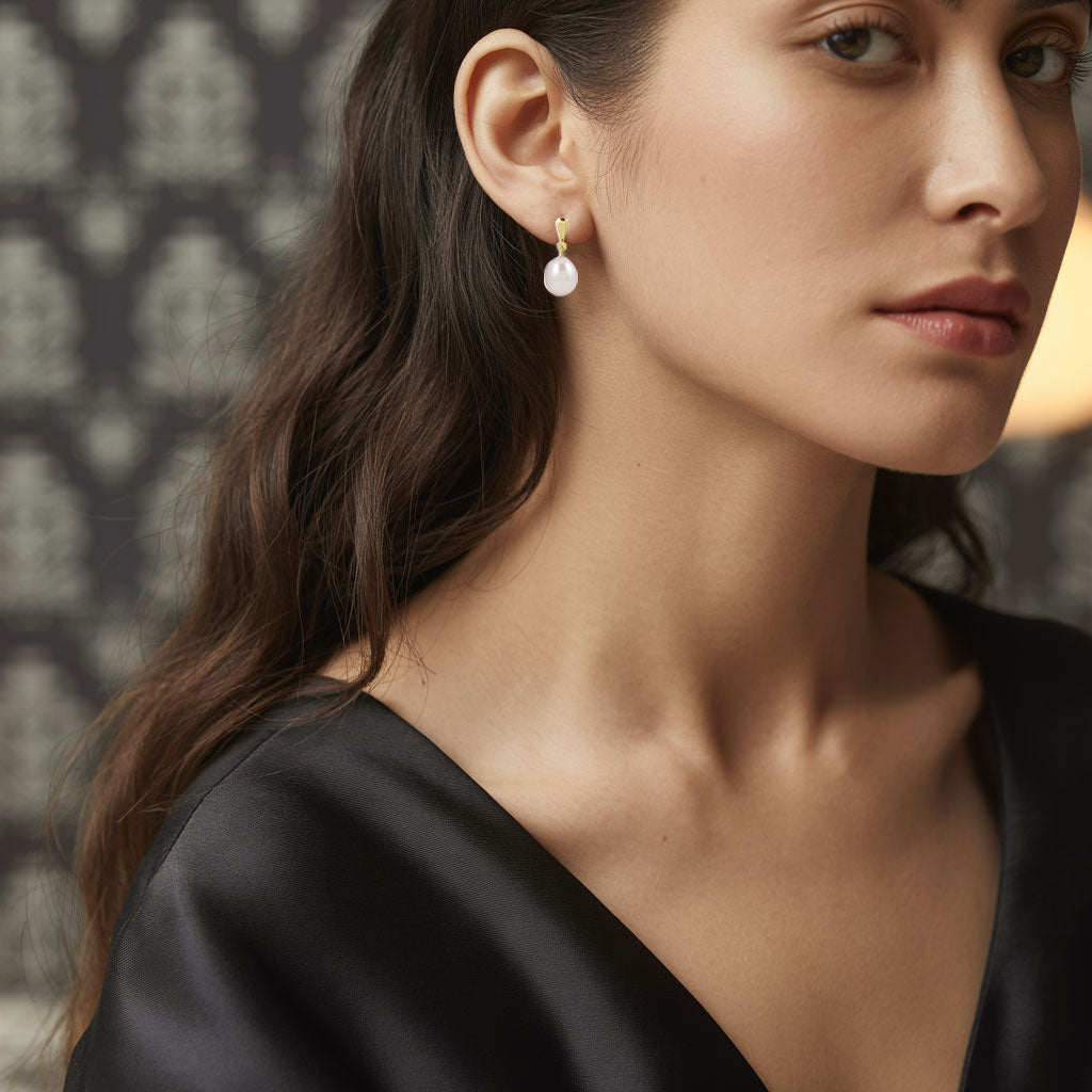 White Freshwater Pearl Gold Drop Stud Earrings