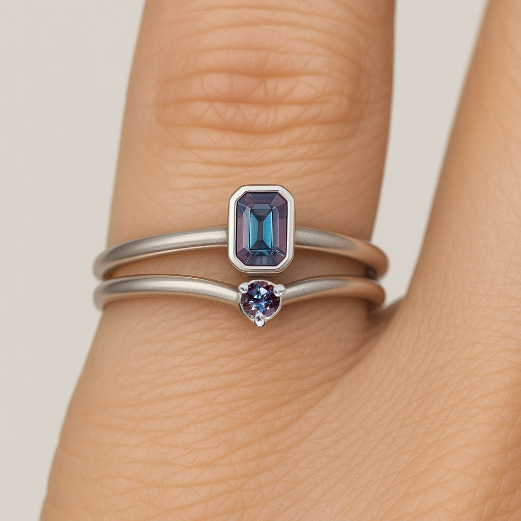 bridal set with Alexandrite velma band and emerald cut alexandrite stacking engagement ring