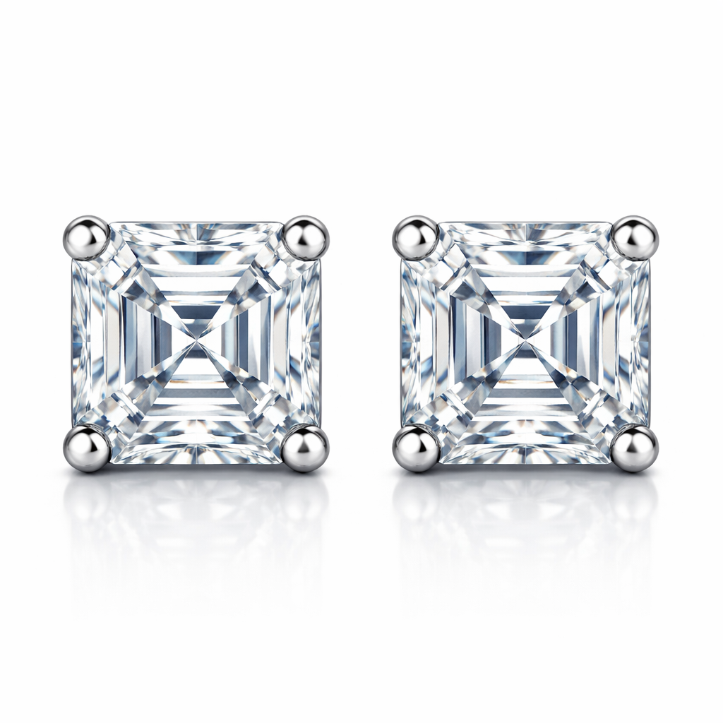 Frontal view of pair of asscher cut moissanites or diamond stud earrings on a reflective surface