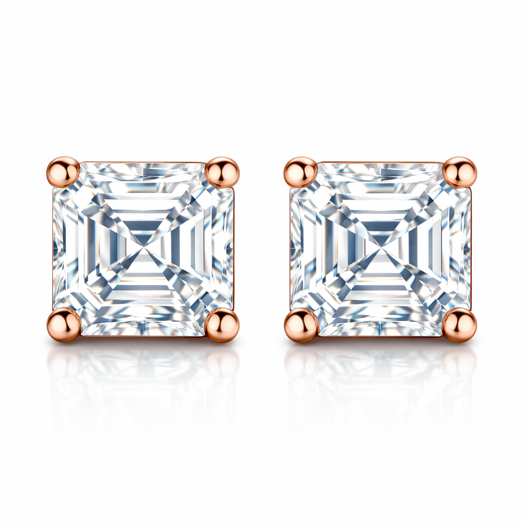 Frontal view of pair of asscher cut moissanites or diamond rose gold stud earrings on a reflective surface