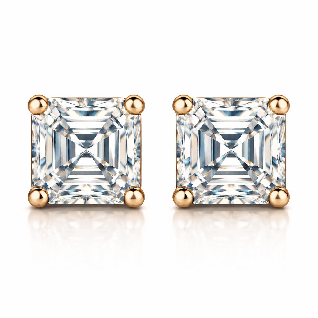 Frontal view of pair of asscher cut moissanites or diamond gold stud earrings on a reflective surface