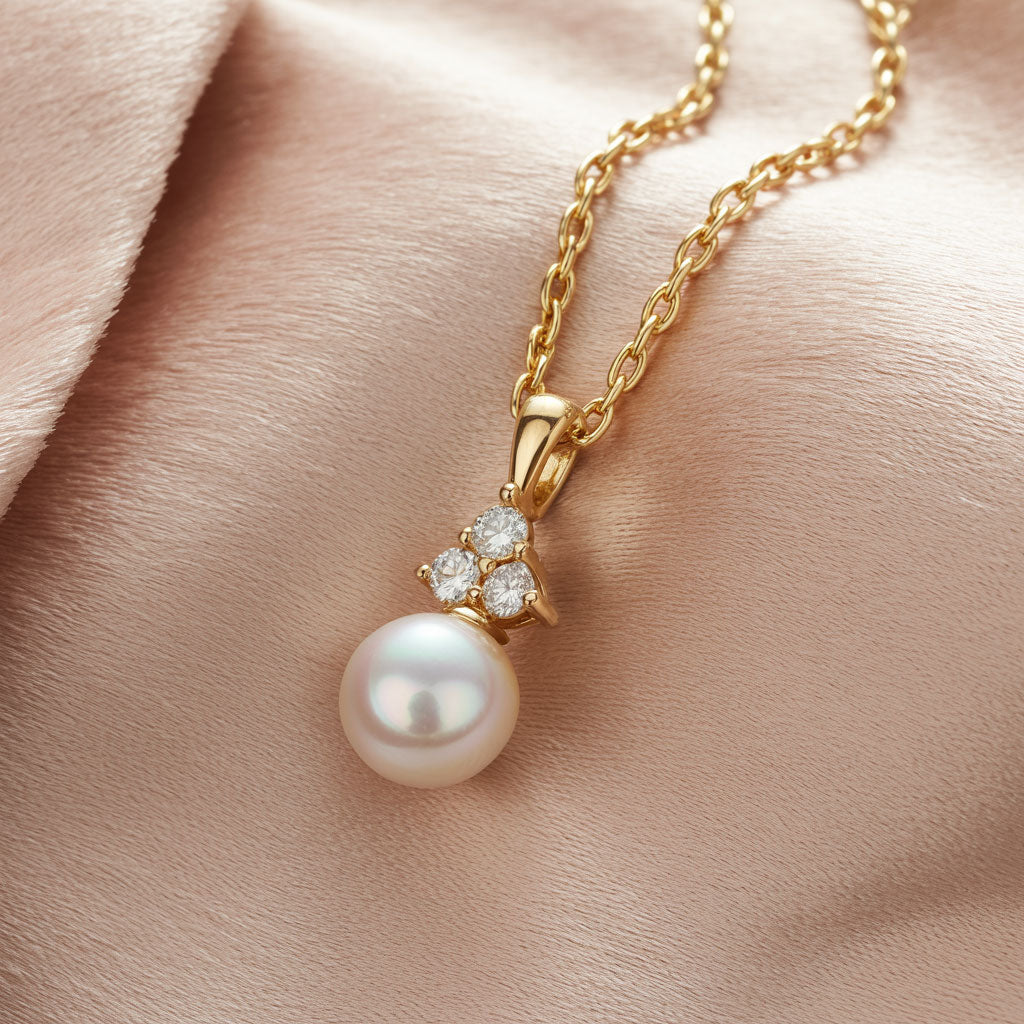 White Akoya Pearl Diamond Accented 14k Yellow Gold Dangle Pendant Necklace laying on fabric