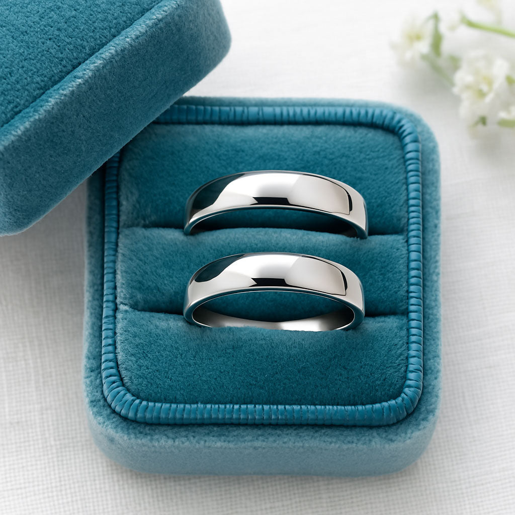 A close-up of two polished domed white gold wedding bands by Nodeform in a blue velvet box.