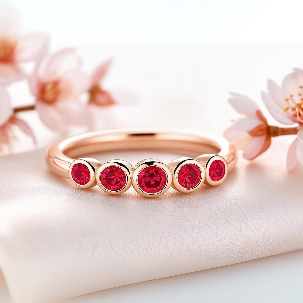 Fiona Ruby Band - Graduated Ruby Five Bezel Stacking Anniversary Ring
