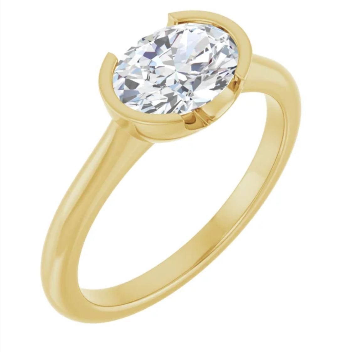 Genuine Oval White Sapphire Half Bezel Solitaire Hannah Engagement Ring 8x6mm/1.7ct / 14k Yellow Gold Ring by Nodeform