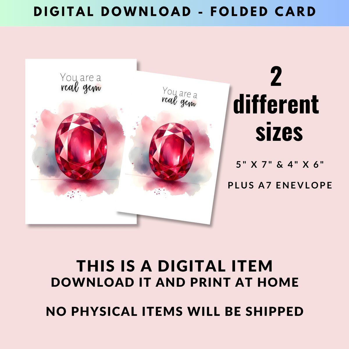 digital "You are a real gem" Watercolor Oval Ruby Folded anniversary or Birthday Card by Nodeform