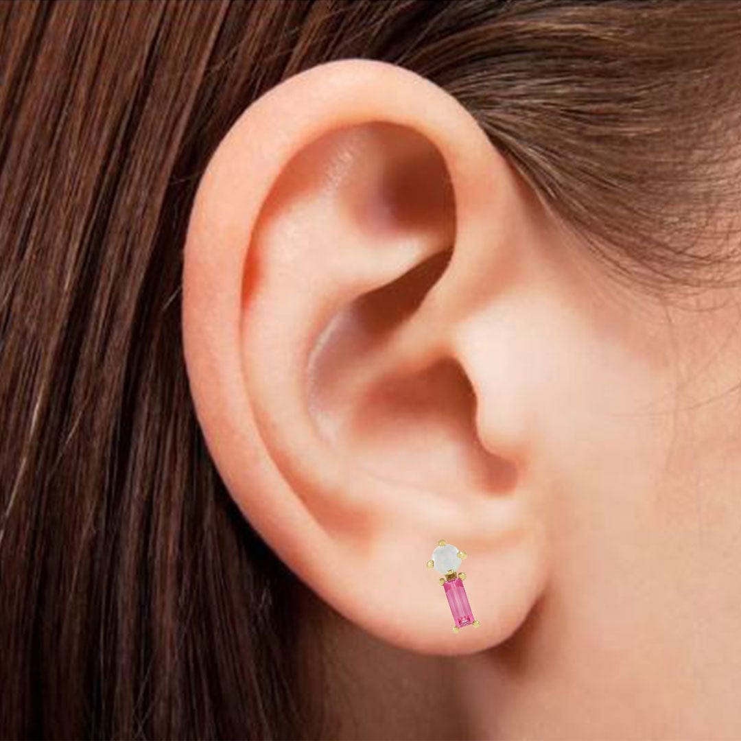 Pink Baguette Tourmaline & Opal Gold or Platinum Stud Earrings Earrings by Nodeform