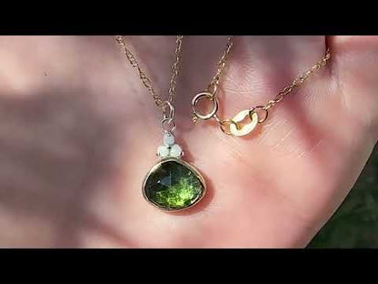 Rose cut Green Tourmaline & Opal Pendant Necklace in Sterling Silver and 18k gold , Ready to ship