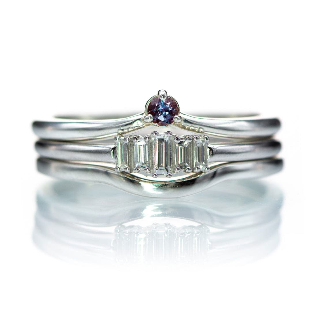 ring stack Alexandrite velma band in white gold with baguette cluster band and cece band