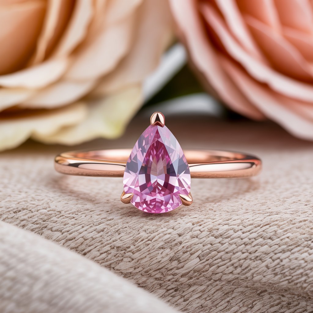 prong set rose gold solitaire engagement ring pink pear shape sapphire