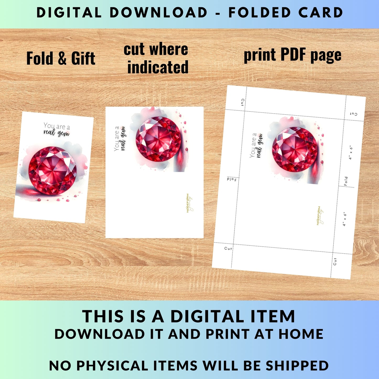 digital You are a real Gem Watercolor Round Ruby Birthstone Greeting Thank you Card