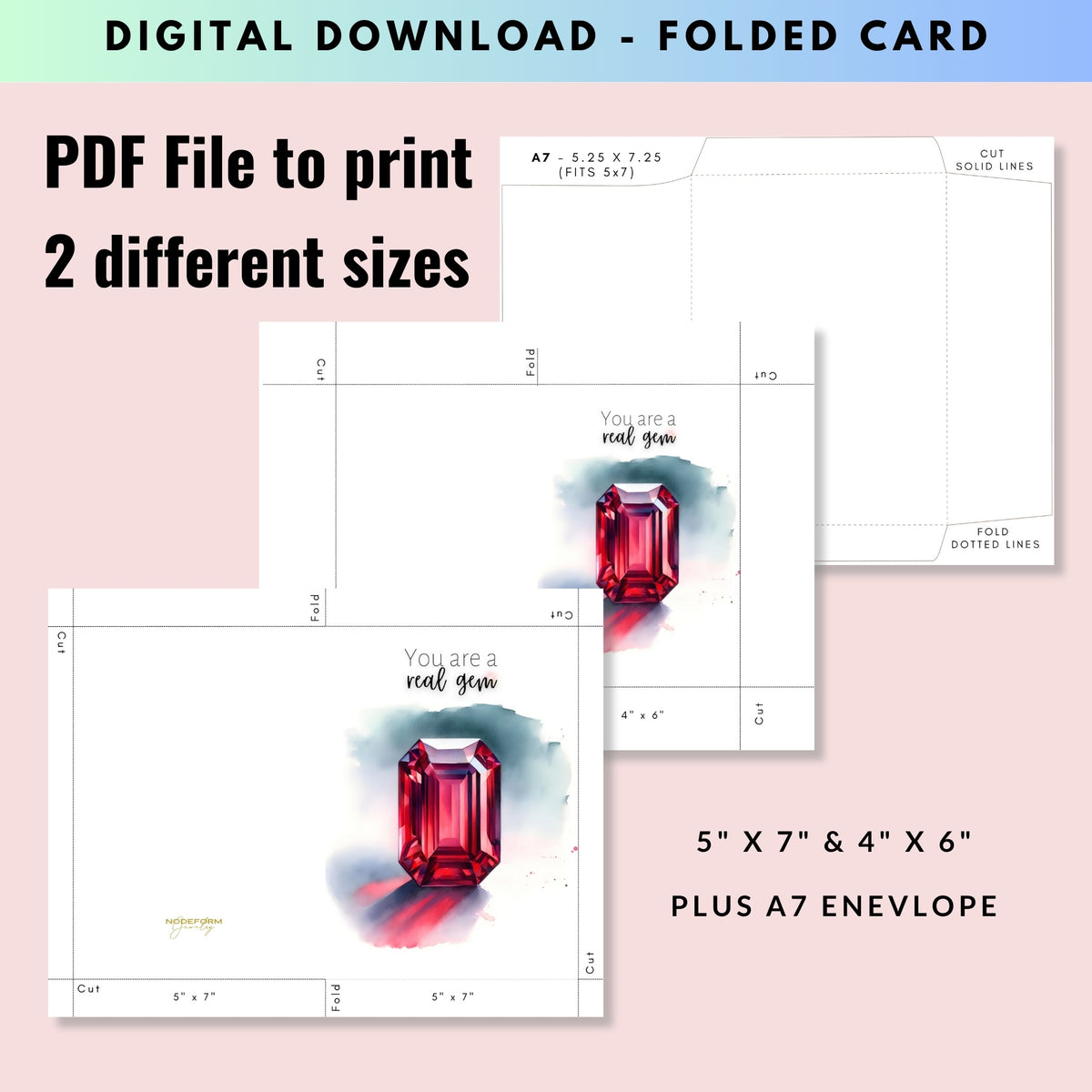 digital You are a real Gem Watercolor Emerald Shape Ruby Birthstone Greeting Thank you Card