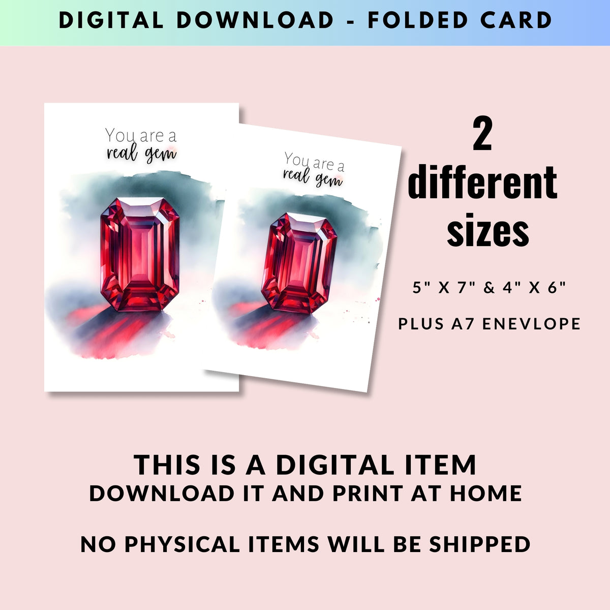 digital You are a real Gem Watercolor Emerald Shape Ruby Birthstone Greeting Thank you Card
