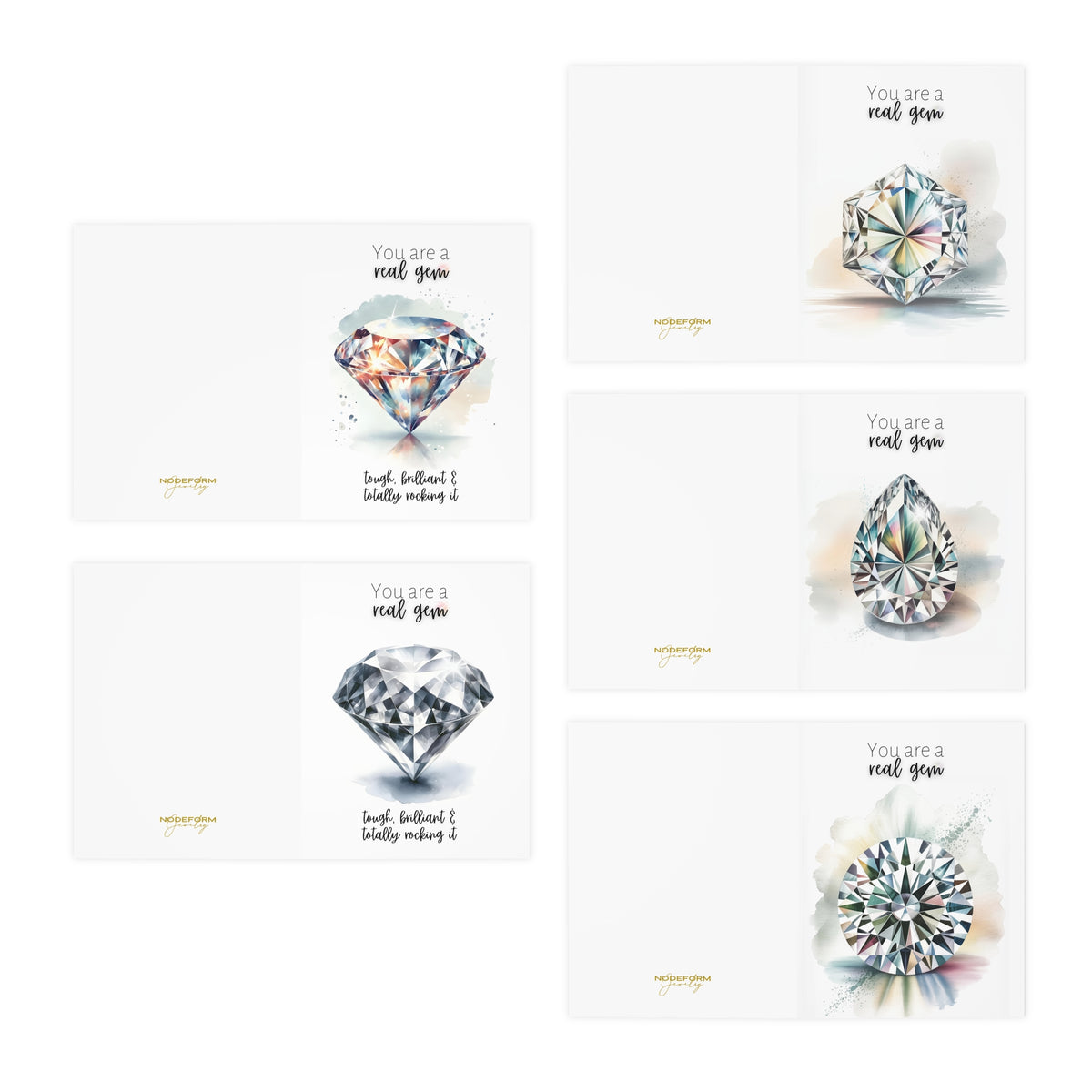 Set of folded cards with diamond watercolor illustrations and text on a white background