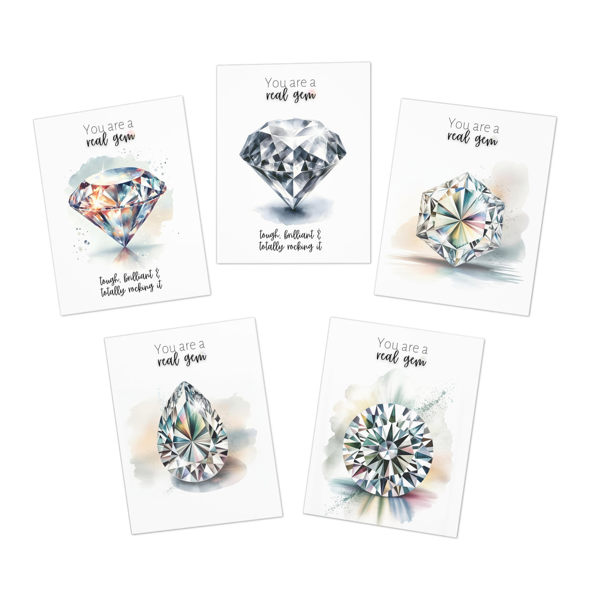 Set of 5 cards with diamond watercolor illustrations and motivational text on a white background