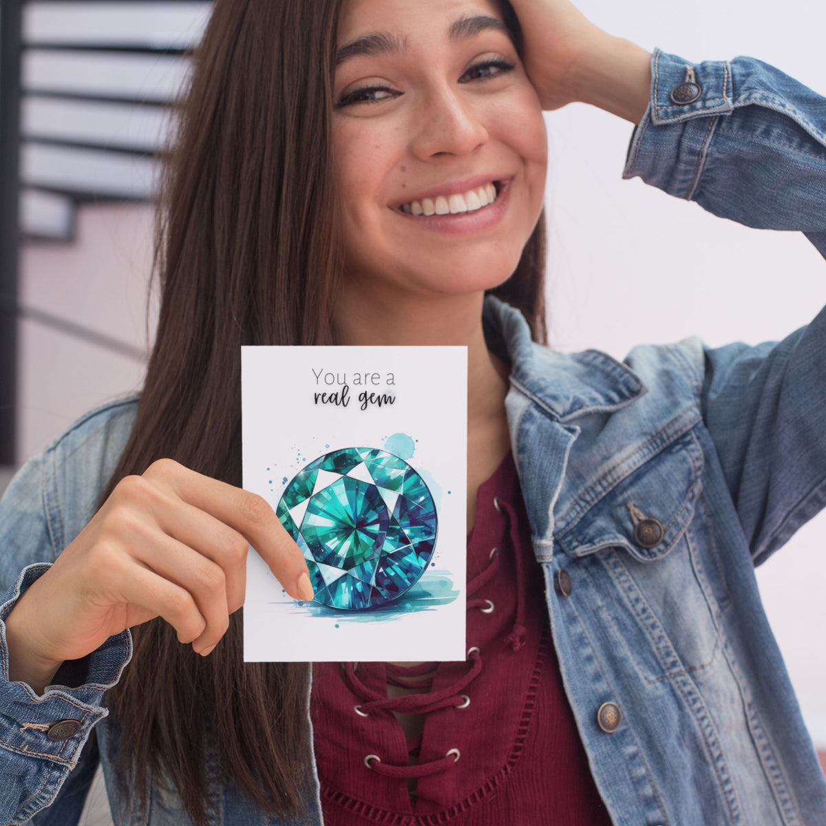 woman happy with Watercolor Round Teal Sapphire Greeting Card