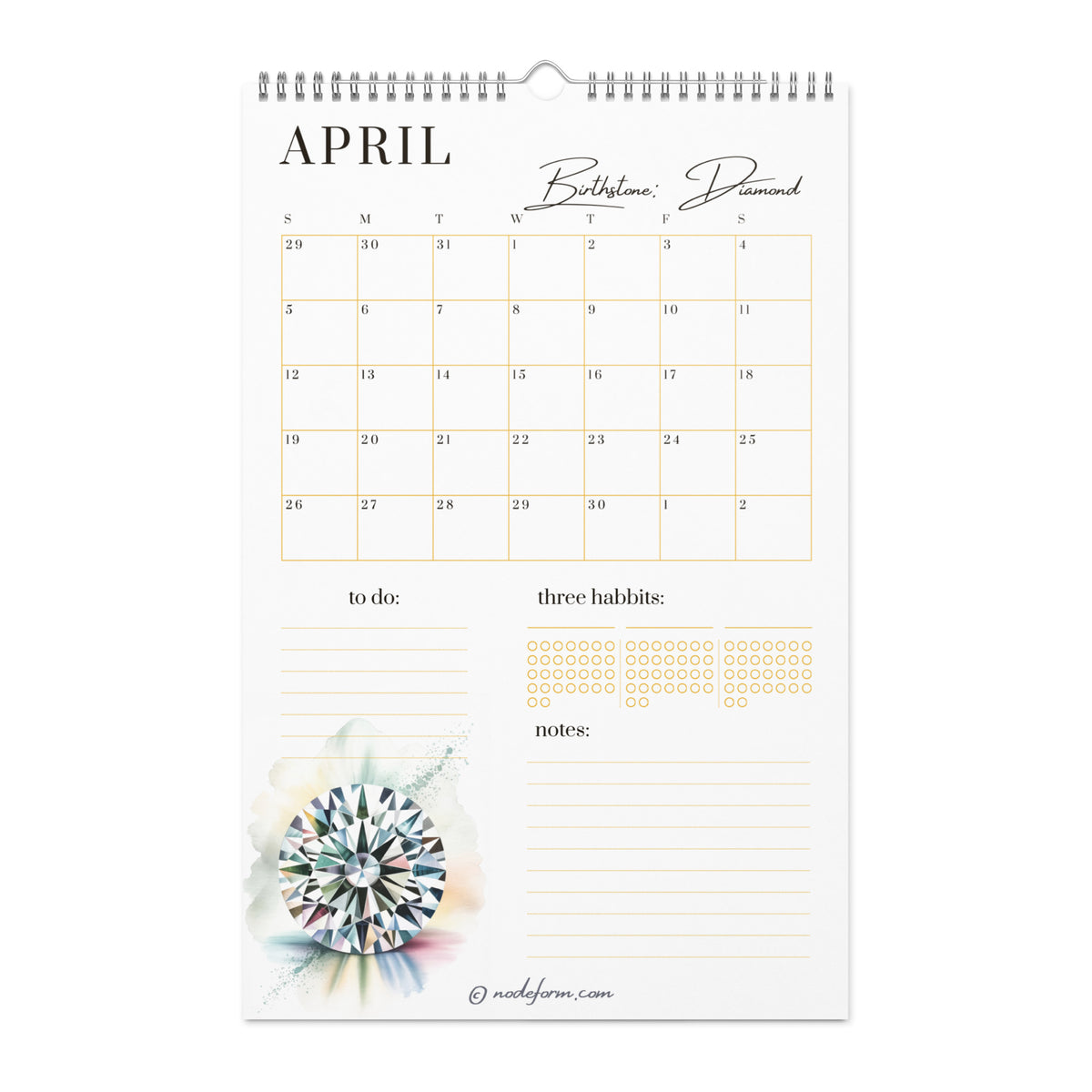 Calendar page for April with a diamond illustration on a white background