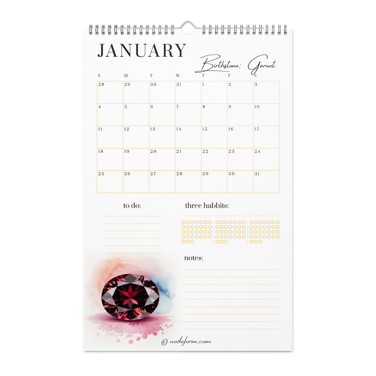 Calendar page for January with a Garnet gemstone illustration on a white background
